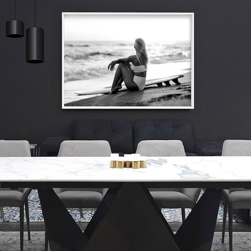 Seaside Surfer Landscape B&W - Art Print, Poster, Stretched Canvas or Framed Wall Art, shown framed in a room