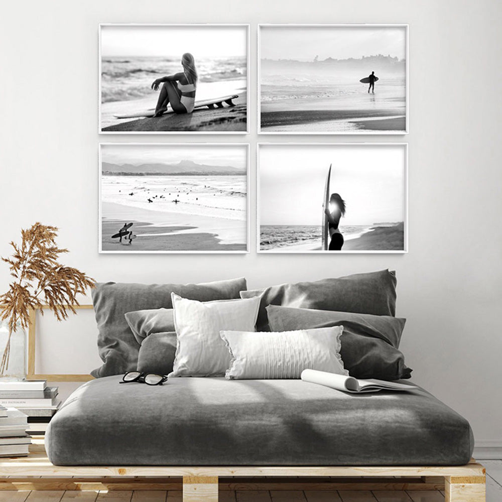 Seaside Surfer Landscape B&W - Art Print, Poster, Stretched Canvas or Framed Wall Art, shown framed in a home interior space