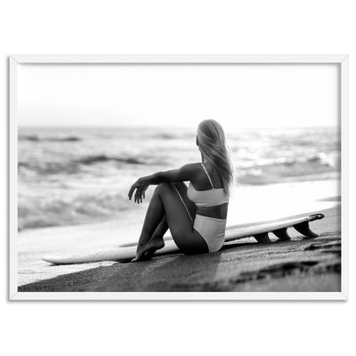 Seaside Surfer Landscape B&W - Art Print, Poster, Stretched Canvas, or Framed Wall Art Print, shown in a white frame
