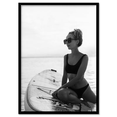 Surfer Girl | B&W - Art Print, Poster, Stretched Canvas, or Framed Wall Art Print, shown in a black frame