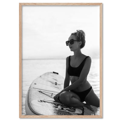 Surfer Girl | B&W - Art Print, Poster, Stretched Canvas, or Framed Wall Art Print, shown in a natural timber frame