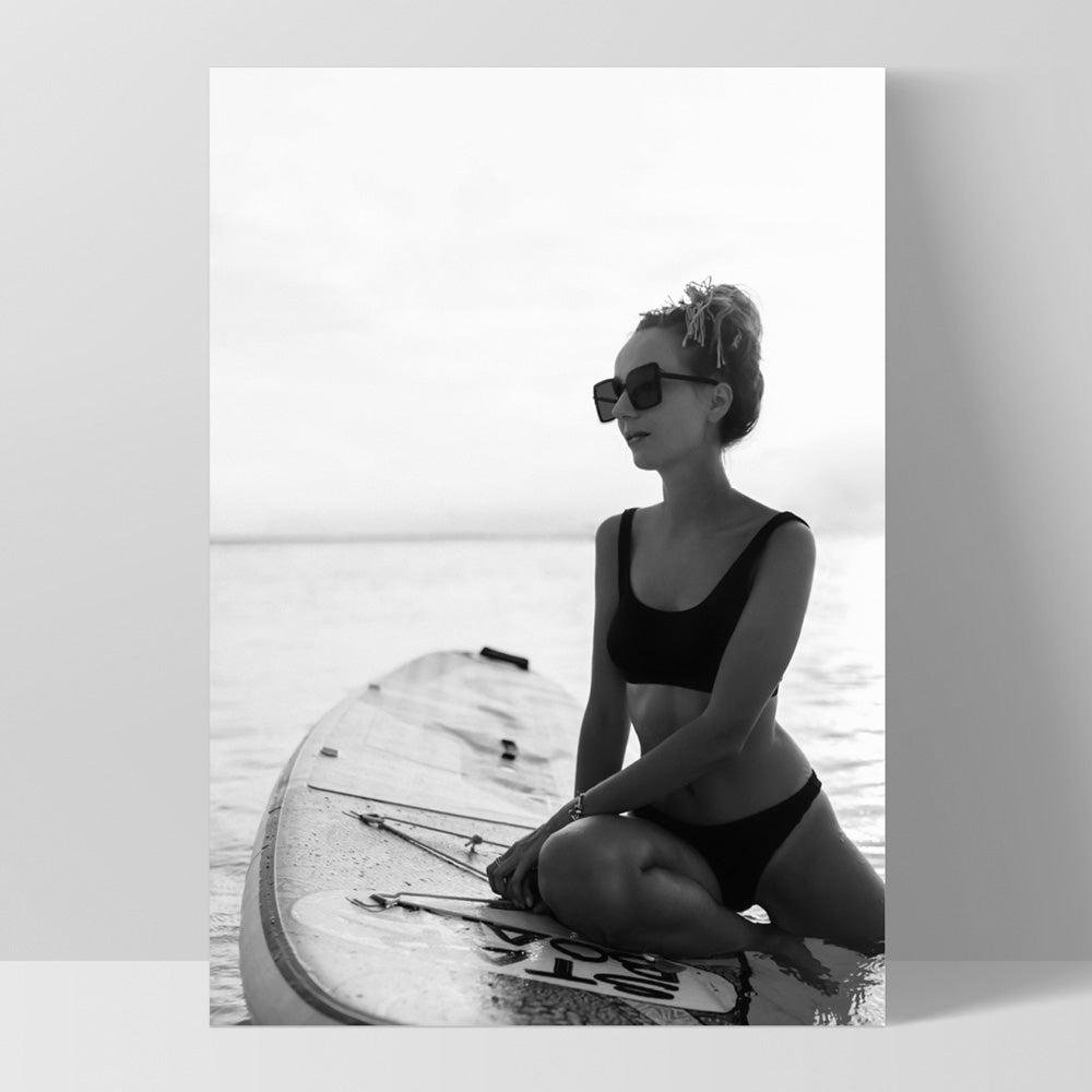 Surfer Girl | B&W - Art Print, Poster, Stretched Canvas, or Framed Wall Art Print, shown as a stretched canvas or poster without a frame