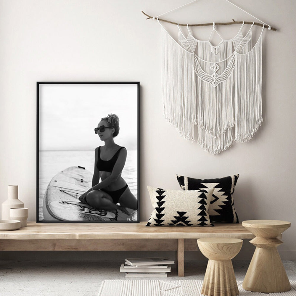 Surfer Girl | B&W - Art Print, Poster, Stretched Canvas or Framed Wall Art, shown framed in a room