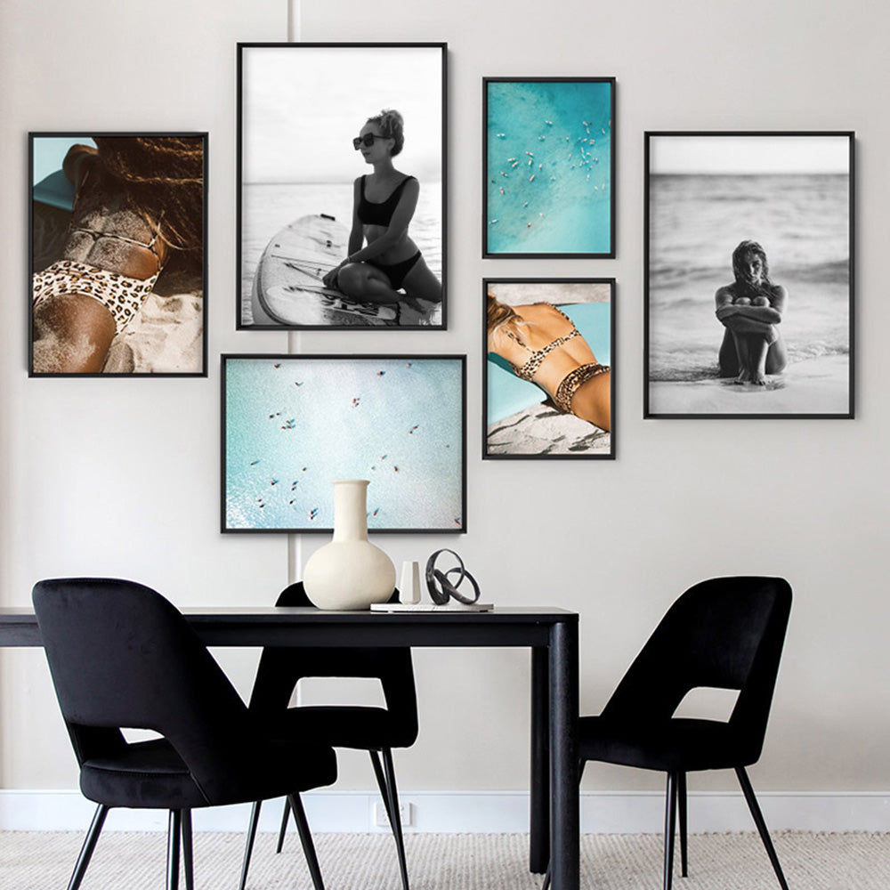 Surfer Girl | B&W - Art Print, Poster, Stretched Canvas or Framed Wall Art, shown framed in a home interior space