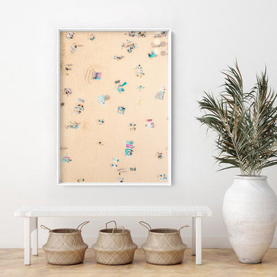 Sunbathers on Beach - Art Print, Poster, Stretched Canvas or Framed Wall Art, shown framed in a room