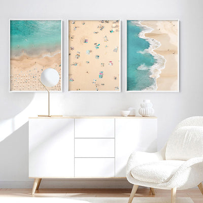 Sunbathers on Beach - Art Print, Poster, Stretched Canvas or Framed Wall Art, shown framed in a home interior space