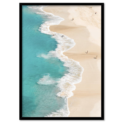 Aerial Beach & Turquoise Ocean - Art Print, Poster, Stretched Canvas, or Framed Wall Art Print, shown in a black frame