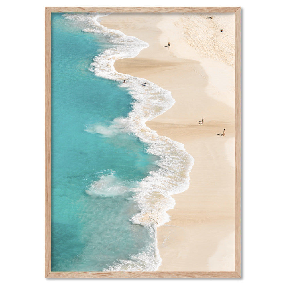 Aerial Beach & Turquoise Ocean - Art Print, Poster, Stretched Canvas, or Framed Wall Art Print, shown in a natural timber frame
