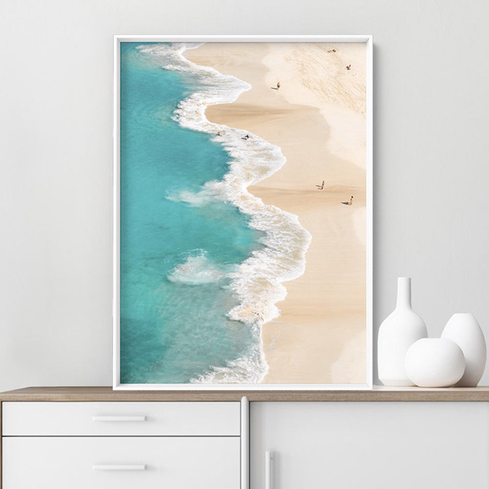 Aerial Beach & Turquoise Ocean - Art Print, Poster, Stretched Canvas or Framed Wall Art, shown framed in a room