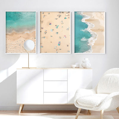 Aerial Beach & Turquoise Ocean - Art Print, Poster, Stretched Canvas or Framed Wall Art, shown framed in a home interior space