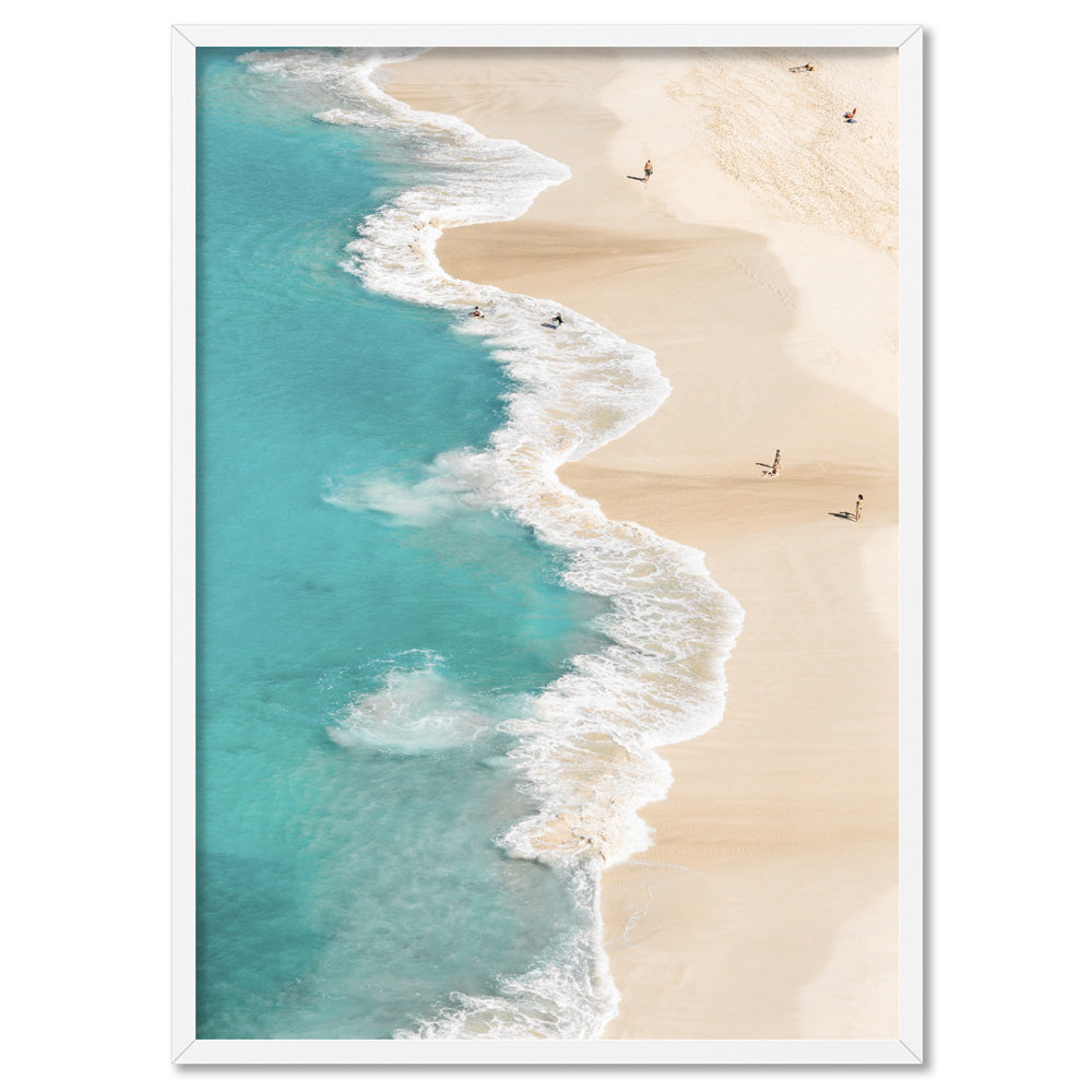Aerial Beach & Turquoise Ocean - Art Print, Poster, Stretched Canvas, or Framed Wall Art Print, shown in a white frame