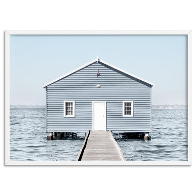 Blue Boat House - Art Print, Poster, Stretched Canvas, or Framed Wall Art Print, shown in a white frame