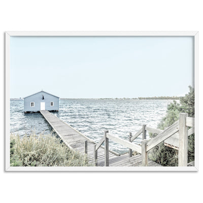 Blue Boat House View - Art Print, Poster, Stretched Canvas, or Framed Wall Art Print, shown in a white frame