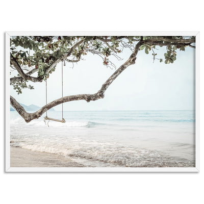 Swing by the Beach - Art Print, Poster, Stretched Canvas, or Framed Wall Art Print, shown in a white frame