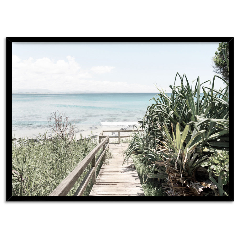 Byron Beach Boardwalk - Art Print, Poster, Stretched Canvas, or Framed Wall Art Print, shown in a black frame