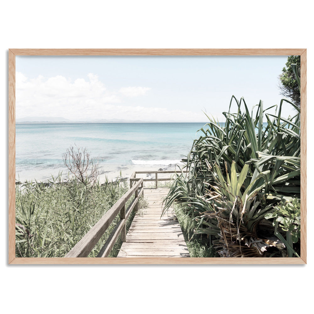 Byron Beach Boardwalk - Art Print, Poster, Stretched Canvas, or Framed Wall Art Print, shown in a natural timber frame
