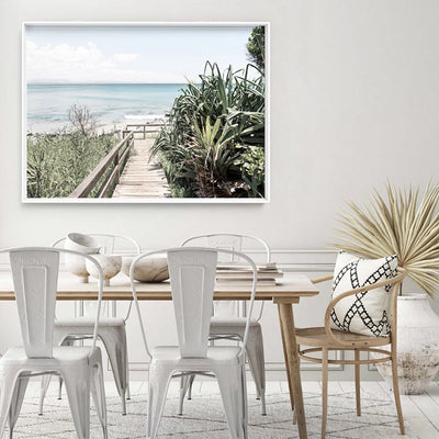 Byron Beach Boardwalk - Art Print, Poster, Stretched Canvas or Framed Wall Art, shown framed in a room