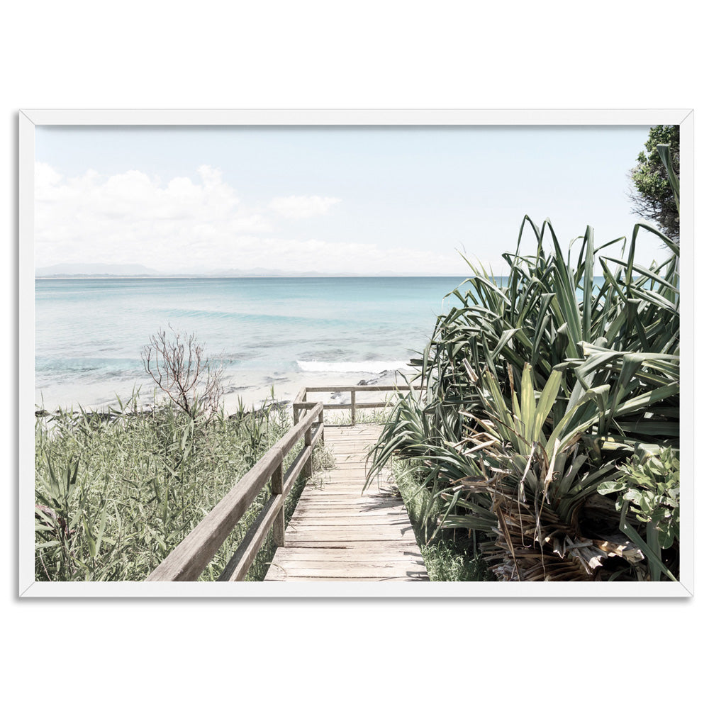 Byron Beach Boardwalk - Art Print, Poster, Stretched Canvas, or Framed Wall Art Print, shown in a white frame
