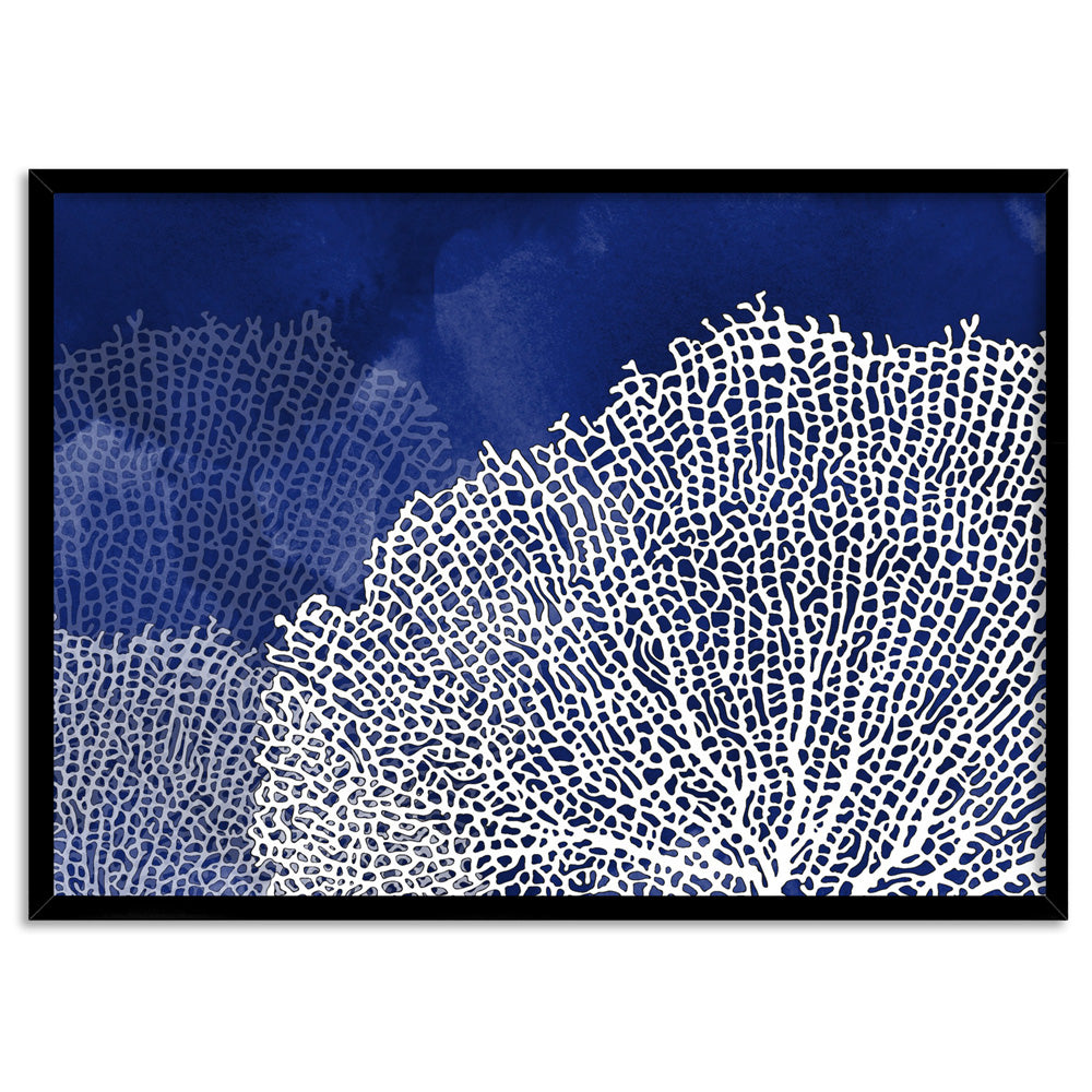 Coral Sea Fans Landscape Blues - Art Print, Poster, Stretched Canvas, or Framed Wall Art Print, shown in a black frame
