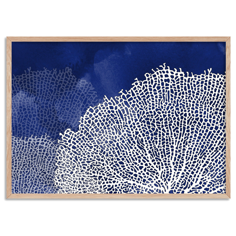 Coral Sea Fans Landscape Blues - Art Print, Poster, Stretched Canvas, or Framed Wall Art Print, shown in a natural timber frame
