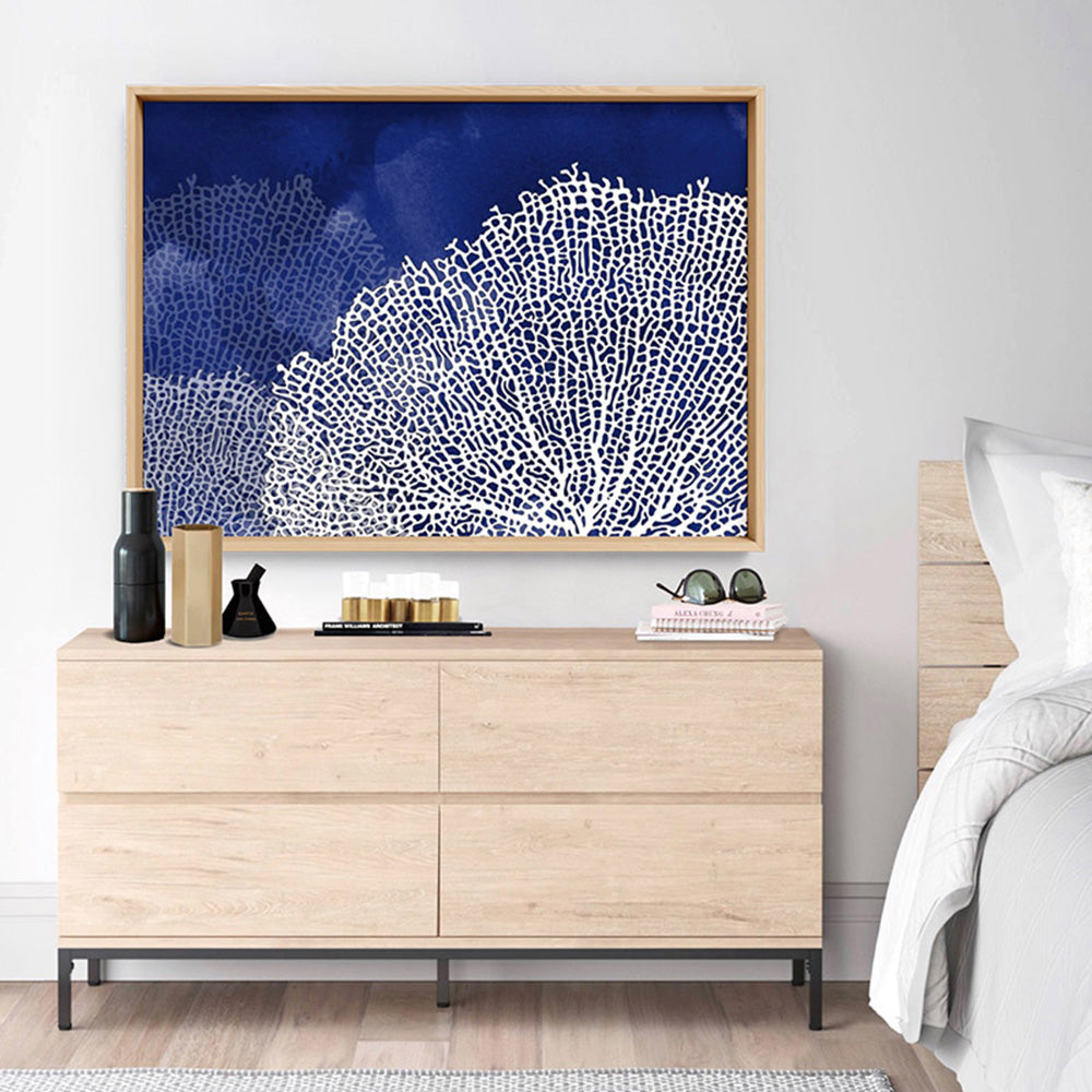 Coral Sea Fans Landscape Blues - Art Print, Poster, Stretched Canvas or Framed Wall Art, shown framed in a room