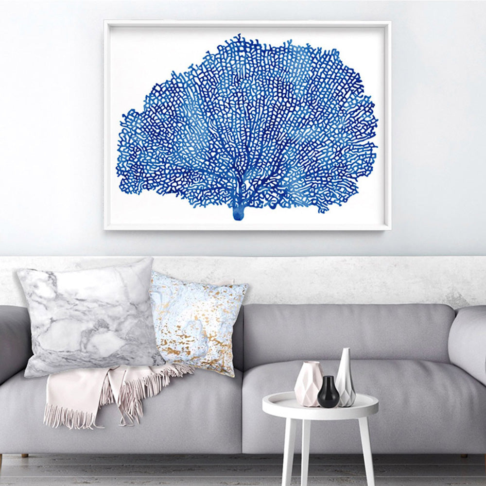 Coral Sea Fan Blue - Art Print, Poster, Stretched Canvas or Framed Wall Art, shown framed in a room