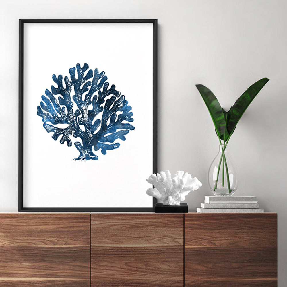 Hamptons Watercolour Blue Coral II - Art Print, Poster, Stretched Canvas or Framed Wall Art Prints, shown framed in a room