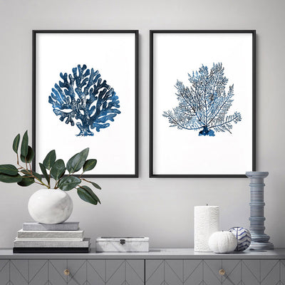 Hamptons Watercolour Blue Coral II - Art Print, Poster, Stretched Canvas or Framed Wall Art, shown framed in a home interior space