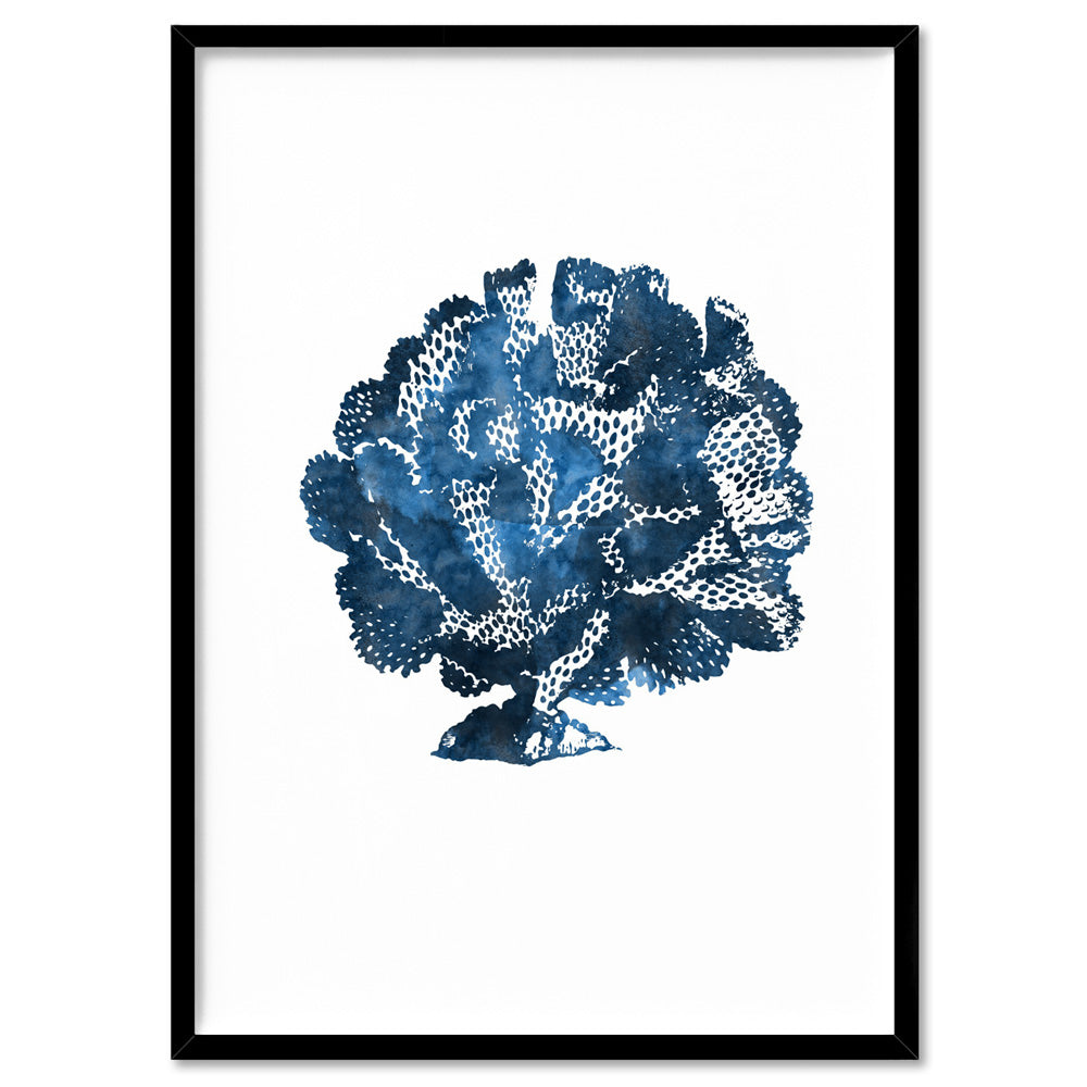 Hamptons Watercolour Blue Coral III - Art Print, Poster, Stretched Canvas, or Framed Wall Art Print, shown in a black frame