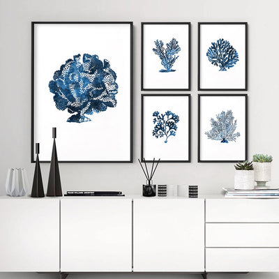 Hamptons Watercolour Blue Coral III - Art Print, Poster, Stretched Canvas or Framed Wall Art, shown framed in a home interior space