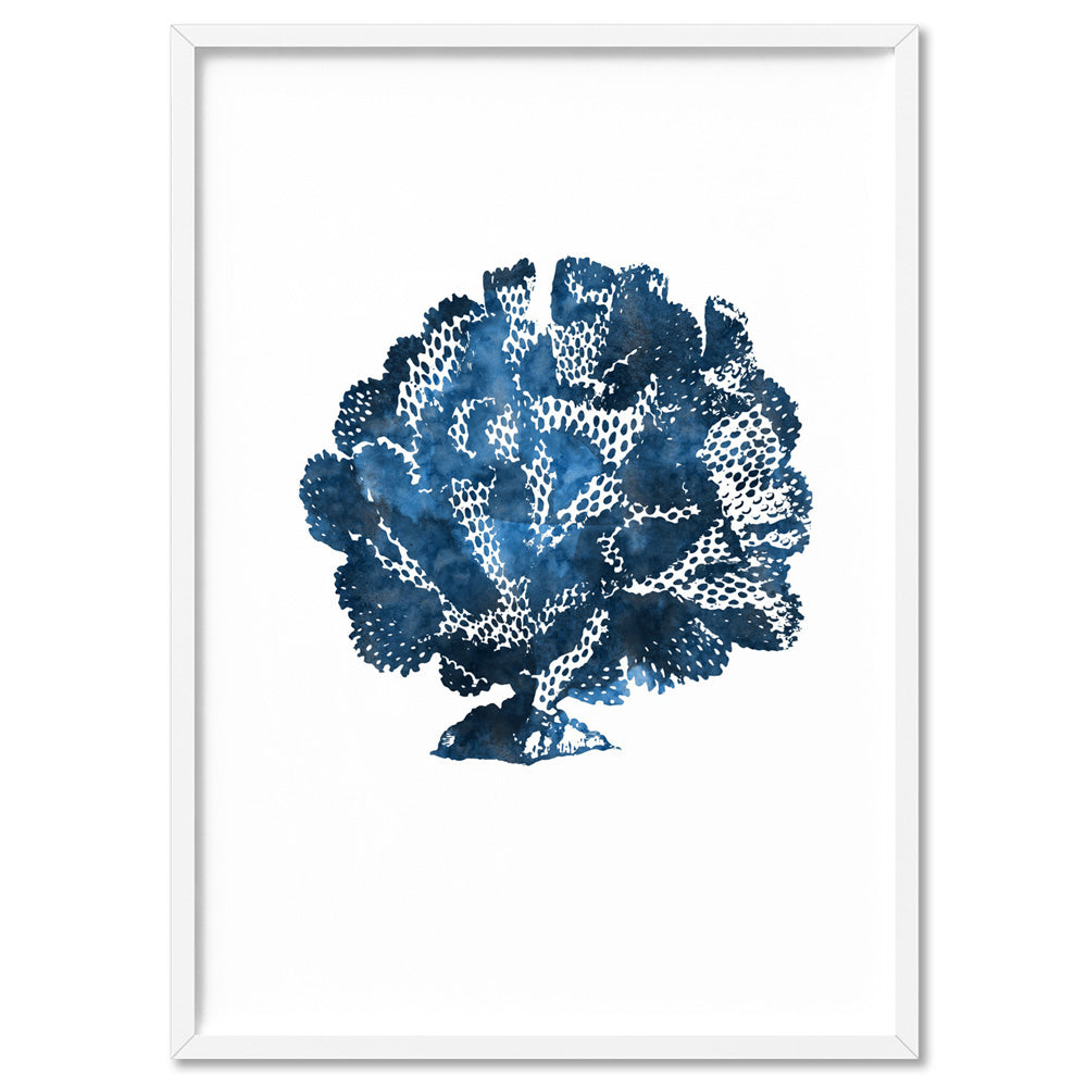 Hamptons Watercolour Blue Coral III - Art Print, Poster, Stretched Canvas, or Framed Wall Art Print, shown in a white frame