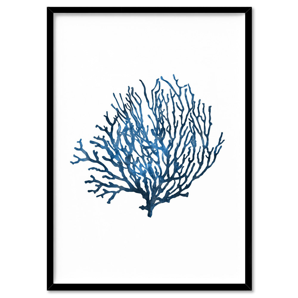 Hamptons Watercolour Blue Coral VI - Art Print, Poster, Stretched Canvas, or Framed Wall Art Print, shown in a black frame