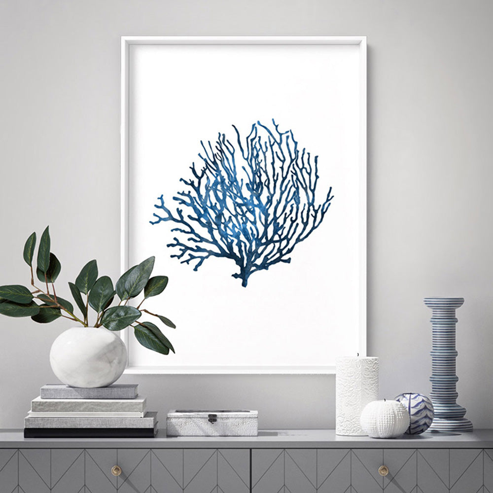 Hamptons Watercolour Blue Coral VI - Art Print, Poster, Stretched Canvas or Framed Wall Art Prints, shown framed in a room