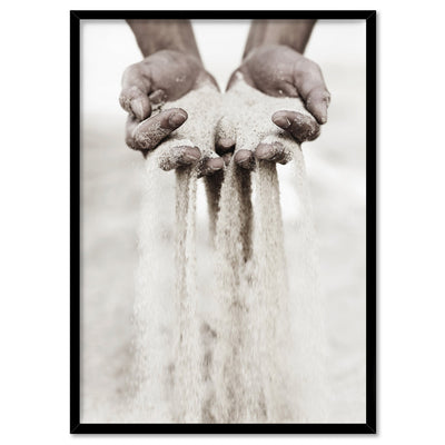 Sand Falling through Hands - Art Print, Poster, Stretched Canvas, or Framed Wall Art Print, shown in a black frame