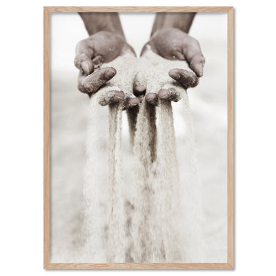 Sand Falling through Hands - Art Print, Poster, Stretched Canvas, or Framed Wall Art Print, shown in a natural timber frame