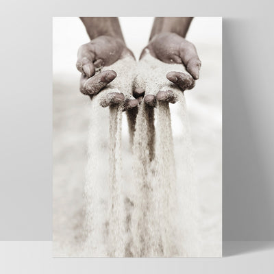 Sand Falling through Hands - Art Print, Poster, Stretched Canvas, or Framed Wall Art Print, shown as a stretched canvas or poster without a frame