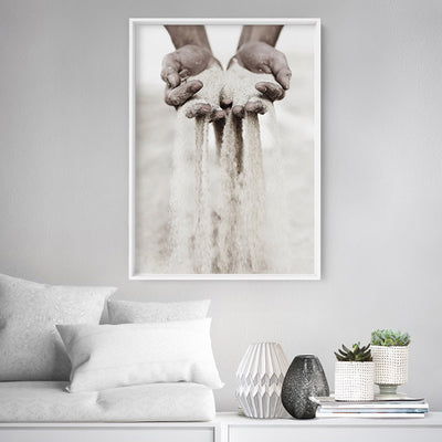 Sand Falling through Hands - Art Print, Poster, Stretched Canvas or Framed Wall Art Prints, shown framed in a room