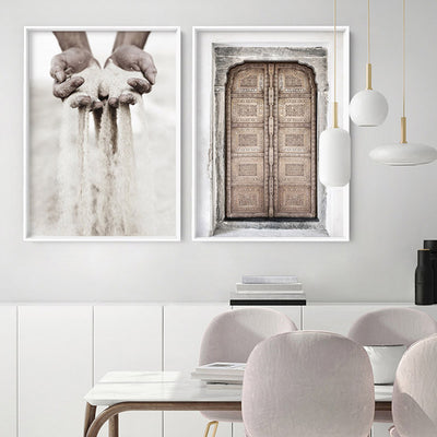 Sand Falling through Hands - Art Print, Poster, Stretched Canvas or Framed Wall Art, shown framed in a home interior space