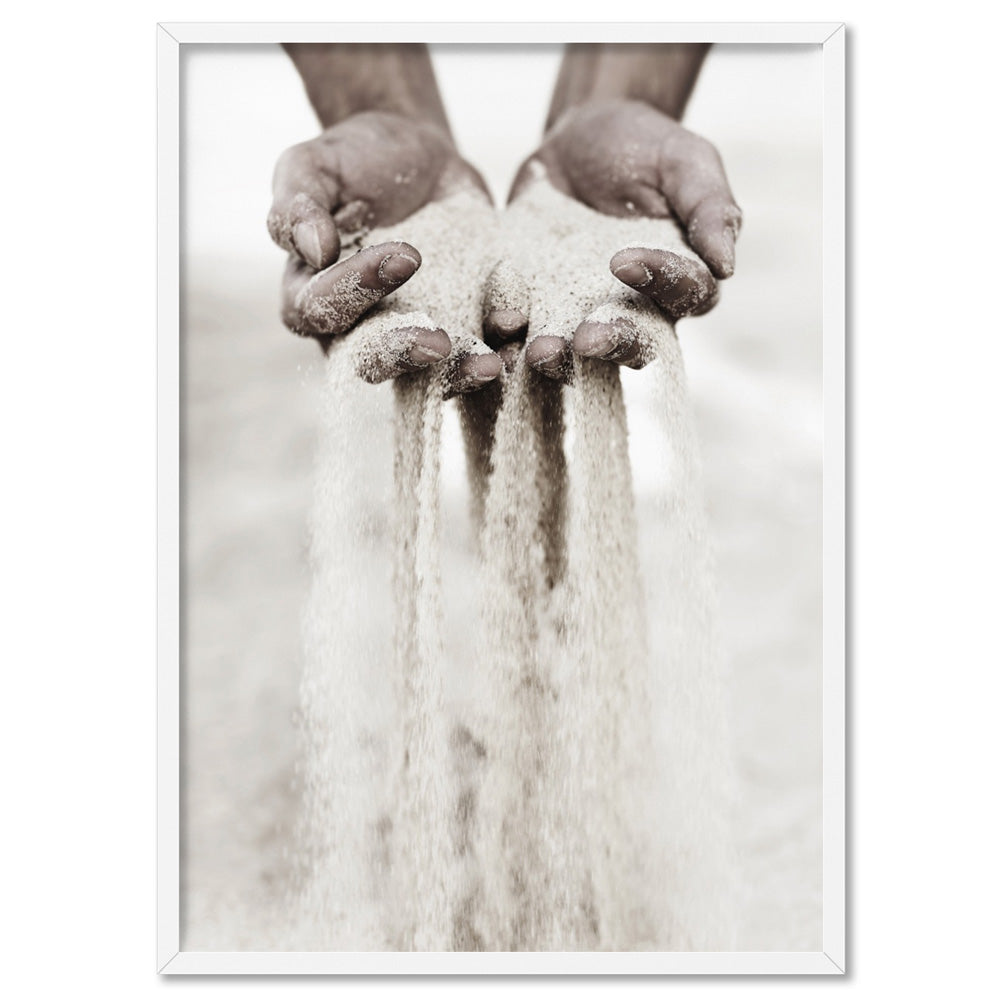 Sand Falling through Hands - Art Print, Poster, Stretched Canvas, or Framed Wall Art Print, shown in a white frame
