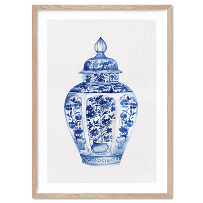 Chinoiserie Ginger Jar on Linen III - Art Print, Poster, Stretched Canvas, or Framed Wall Art Print, shown in a natural timber frame