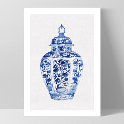 Chinoiserie Ginger Jar on Linen III - Art Print, Poster, Stretched Canvas, or Framed Wall Art Print, shown as a stretched canvas or poster without a frame