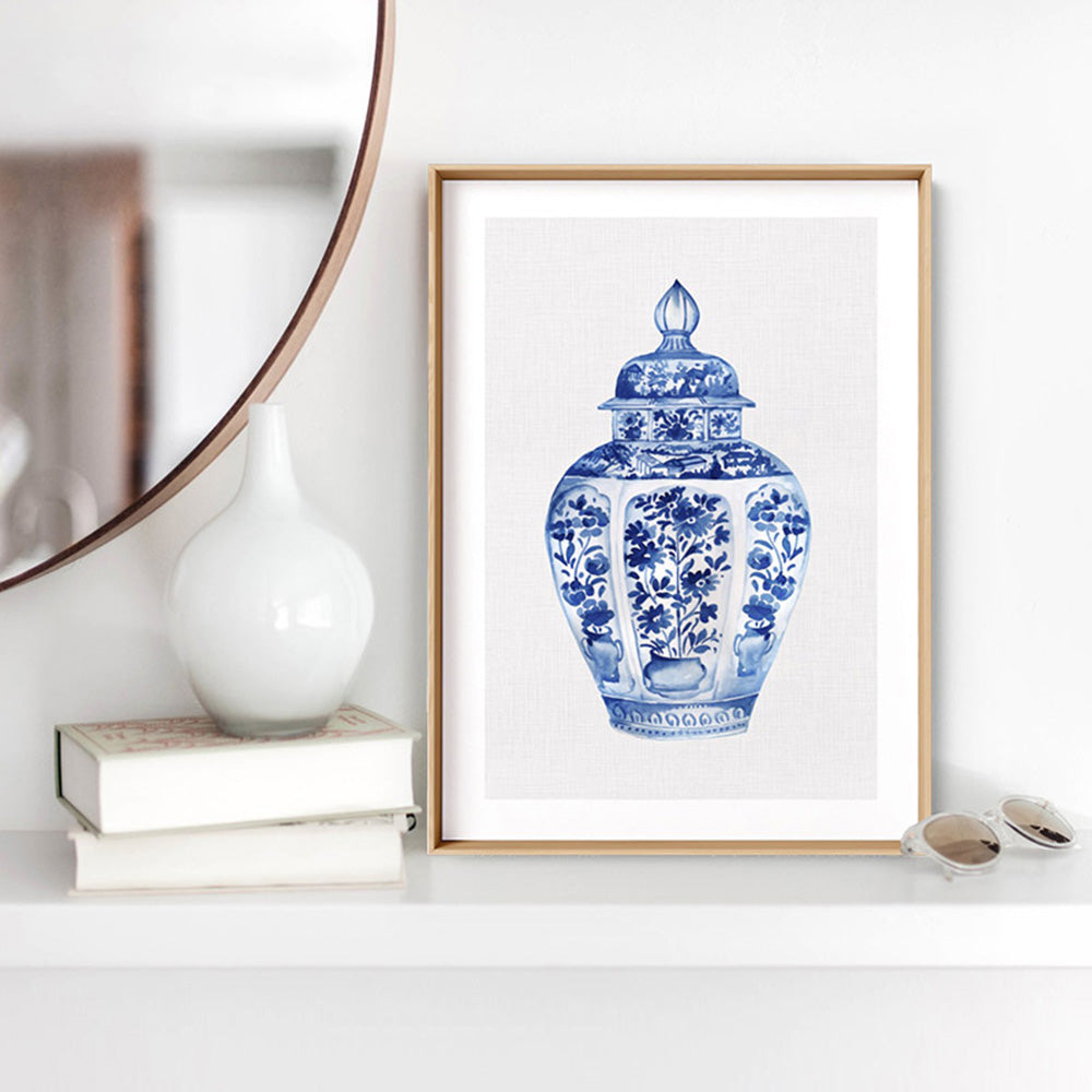 Chinoiserie Ginger Jar on Linen III - Art Print, Poster, Stretched Canvas or Framed Wall Art, shown framed in a room
