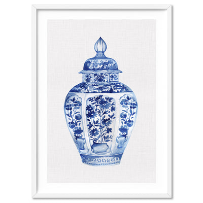 Chinoiserie Ginger Jar on Linen III - Art Print, Poster, Stretched Canvas, or Framed Wall Art Print, shown in a white frame