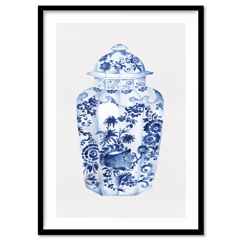 Chinoiserie Ginger Jar on Linen VI - Art Print, Poster, Stretched Canvas, or Framed Wall Art Print, shown in a black frame