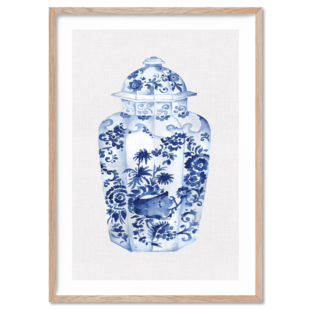 Chinoiserie Ginger Jar on Linen VI - Art Print, Poster, Stretched Canvas, or Framed Wall Art Print, shown in a natural timber frame
