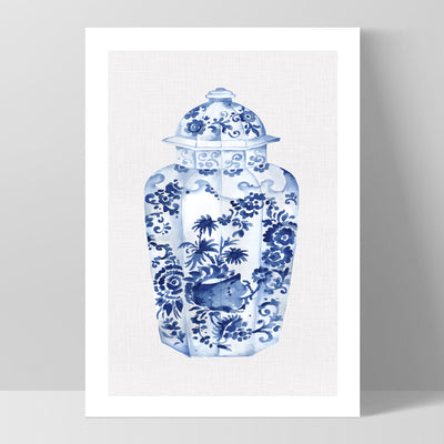 Chinoiserie Ginger Jar on Linen VI - Art Print, Poster, Stretched Canvas, or Framed Wall Art Print, shown as a stretched canvas or poster without a frame