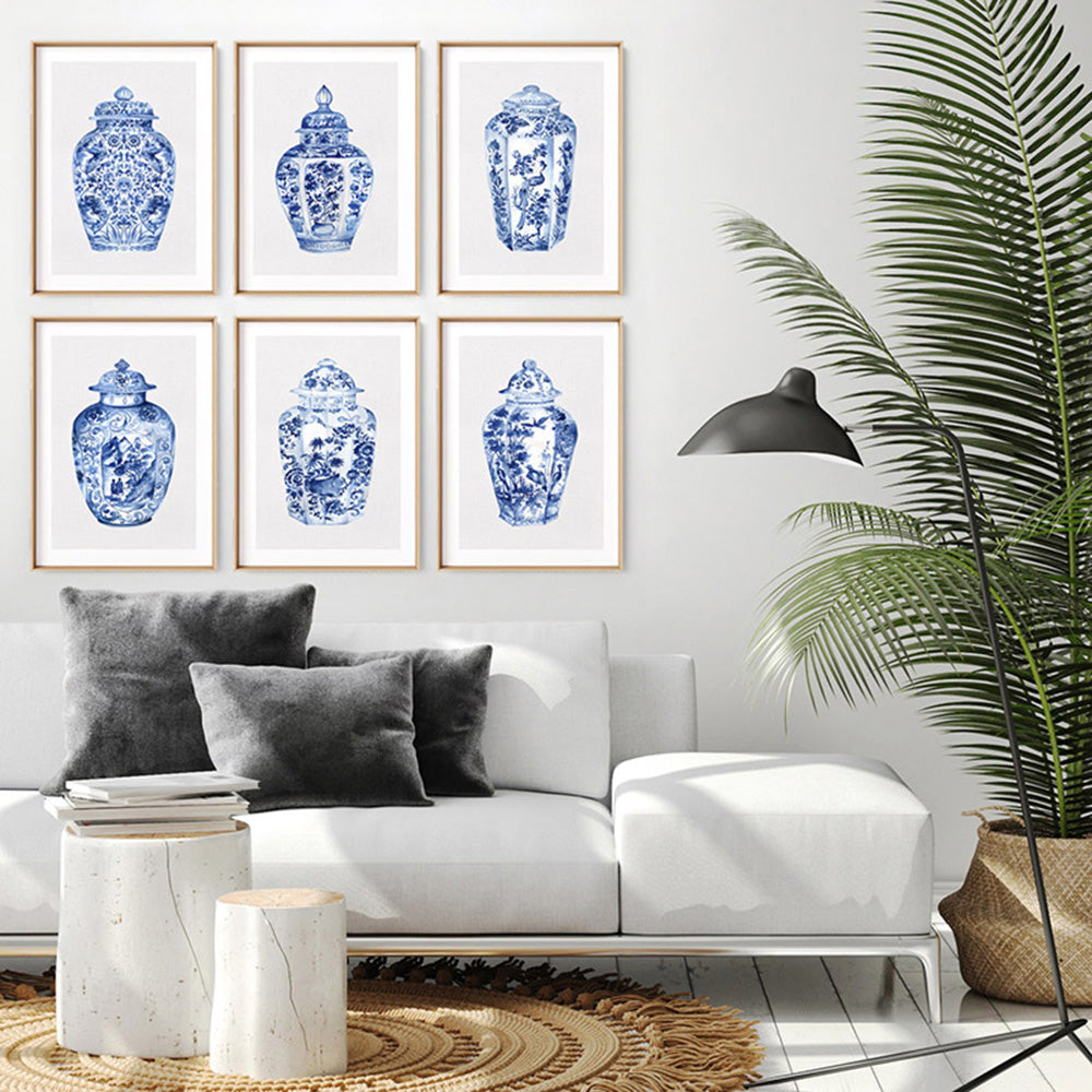 Chinoiserie Ginger Jar on Linen VI - Art Print, Poster, Stretched Canvas or Framed Wall Art, shown framed in a home interior space