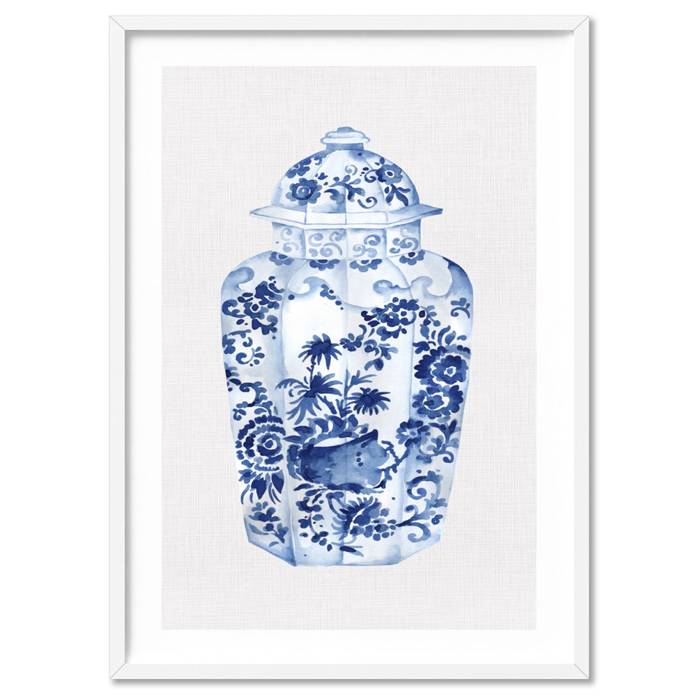 Chinoiserie Ginger Jar on Linen VI - Art Print, Poster, Stretched Canvas, or Framed Wall Art Print, shown in a white frame