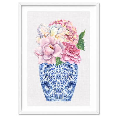 Floral Ginger Jar on Linen I - Art Print, Poster, Stretched Canvas, or Framed Wall Art Print, shown in a white frame