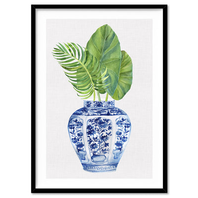 Palm Leaves Ginger Jar I - Art Print, Poster, Stretched Canvas, or Framed Wall Art Print, shown in a black frame